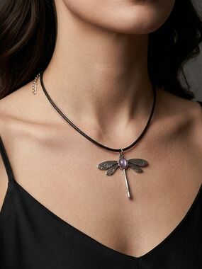 Boho Silver Dragonfly Cord Necklace Purple Gemstone Goth Editorial Indie Charm